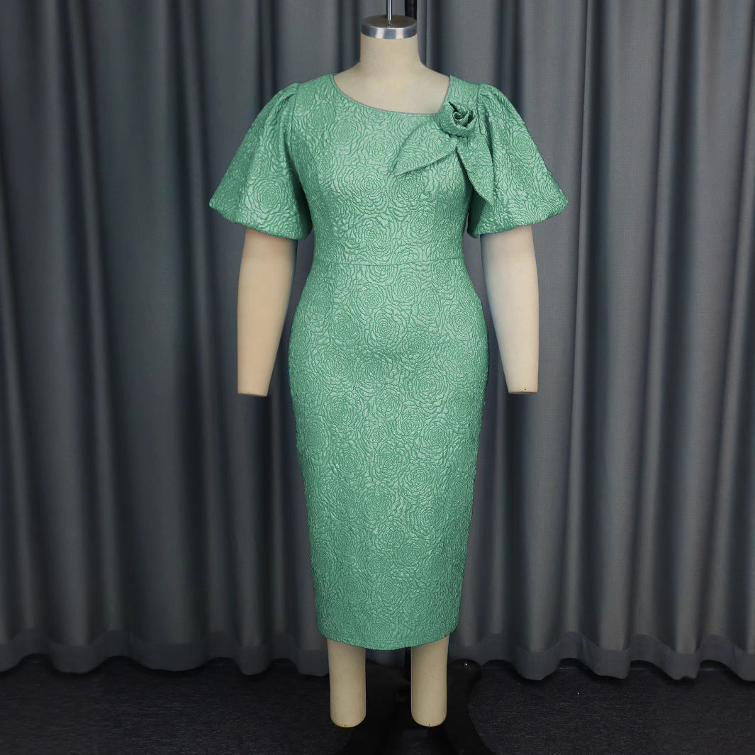 Damen elegantes Etuikleid mit fließenden Puffärmeln und Blumenapplikation EB