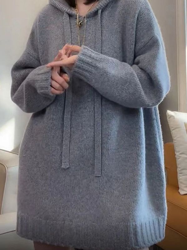 Damen Oversized Strick-Hoodiekleid mit Kordelzug und Taschen EB