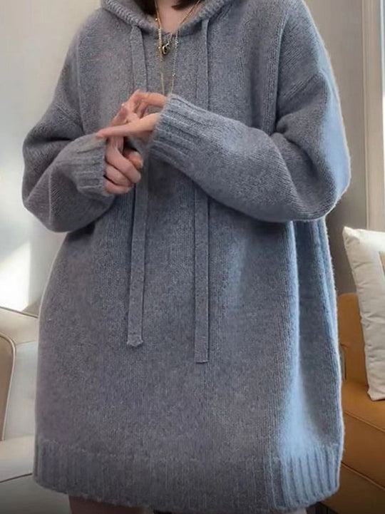 Damen Oversized Strick-Hoodiekleid mit Kordelzug und Taschen EB