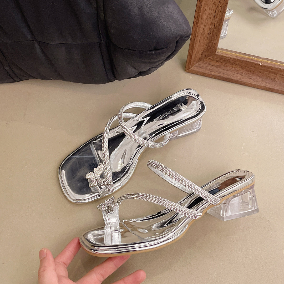 Damen elegante Sandalen mit funkelnden Strassdetails und transparentem Blockabsatz EB