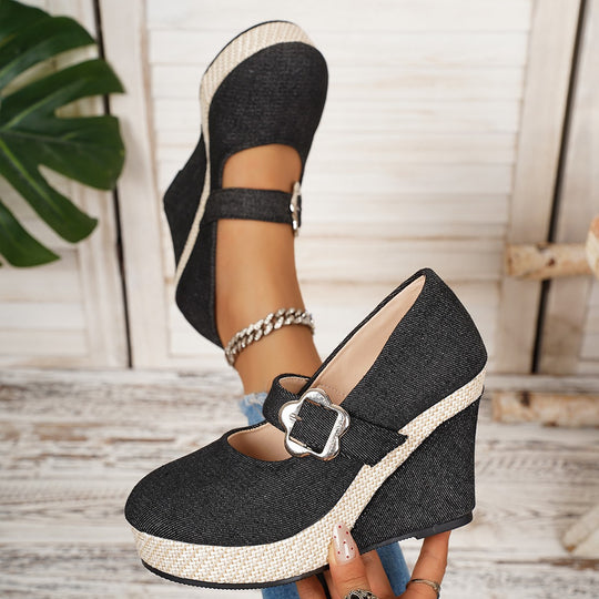 Damen Wedge-Pumps mit schnallenverziertem Fesselriemen und geflochtenem Absatz EB