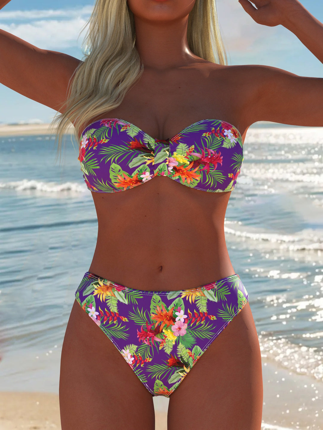 Damen Bandeau-Bikini-Set mit floralem Design und hohem Taillenbund EB