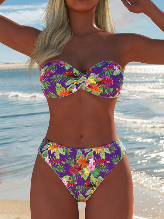 Damen Bandeau-Bikini-Set mit floralem Design und hohem Taillenbund EB