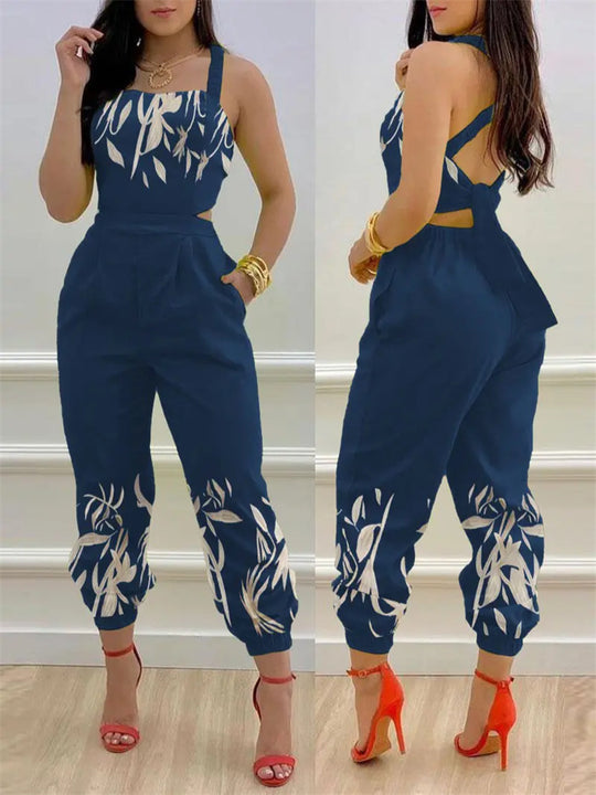 Damen eleganter Jumpsuit mit detailverliebtem Blättermotiv EB