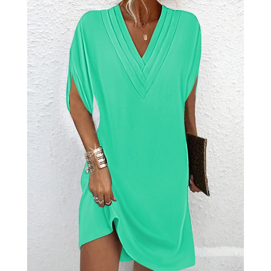 Damen elegantes V-Ausschnitt Kleid mit seitlichen Schlitzen und lässigem Schnitt EB