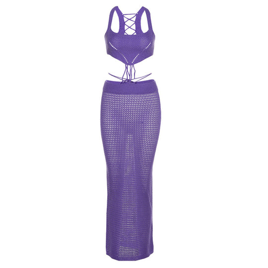 Damen gehäkeltes Crop-Top und Midirock-Set EB