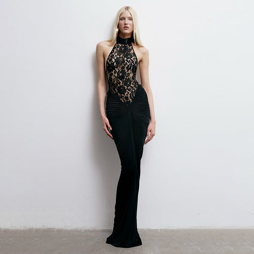 Damen Elegantes Spitzenkleid mit hohem Kragen und figurbetonendem Schnitt EB