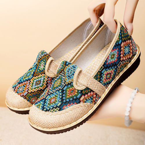 Damen Bequeme Slip-On Schuhe mit bunter Stickerei und flexibler Sohle EB