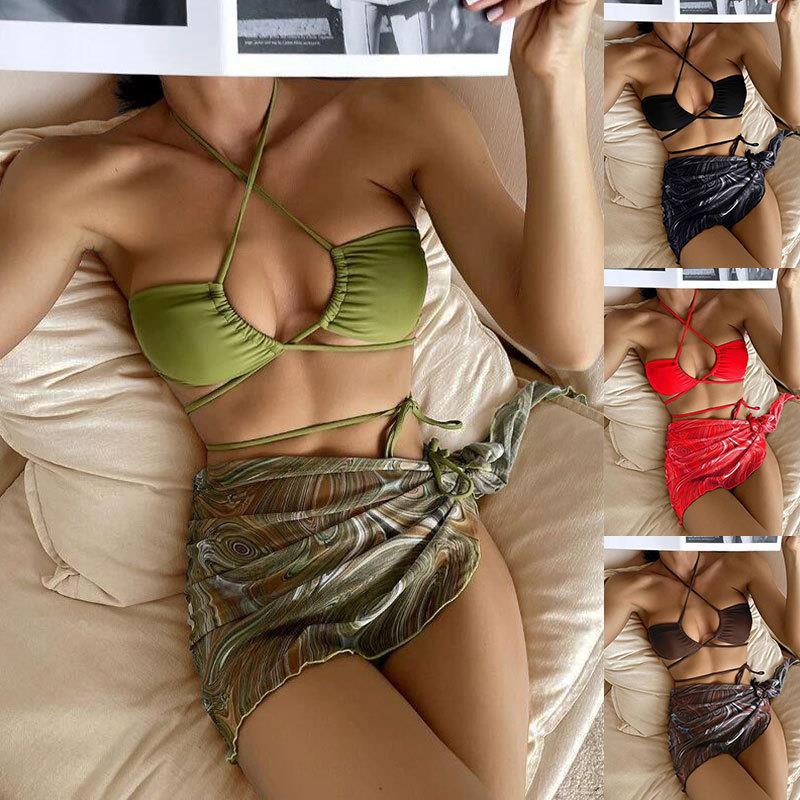 Damen Bandeau-Bikini mit verstellbaren Bändern und transparentem Wickelrock EB