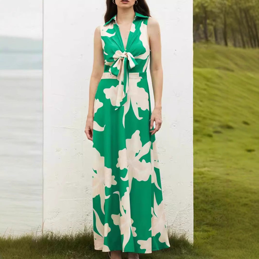 Damen Maxikleid mit dekorativem Bindegürtel und modischem Kragen EB