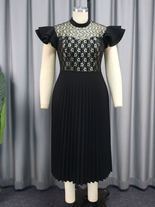 Damen Elegantes Plisseekleid mit floralem Spitzenoberteil EB
