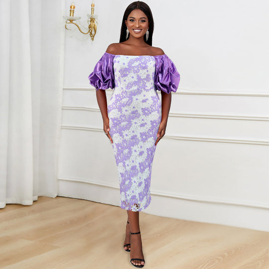 Damen Elegantes Spitzenkleid mit voluminösen Puffärmeln EB