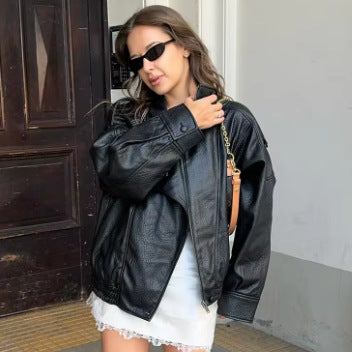 Unisex nan weite Bikerstil Kunstlederjacke mit Stehkragen und elastischem Saum EB