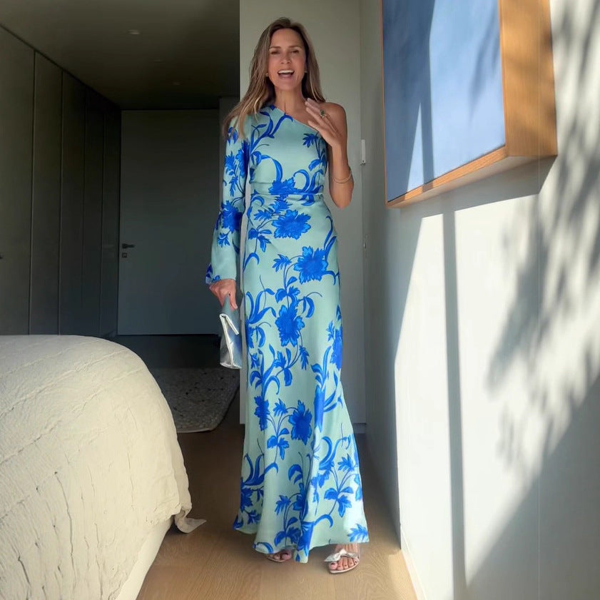 Damen Etuikleid mit asymmetrischem Schnitt und floralen Details EB