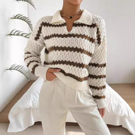 Damen Strickpullover im lässigen Stil mit strukturiertem V-Ausschnitt und hellen Akzenten EB