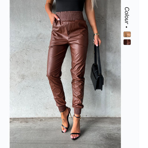 Damen Kunstleder-Hose mit elastischem Bund und schmalem Schnitt EB