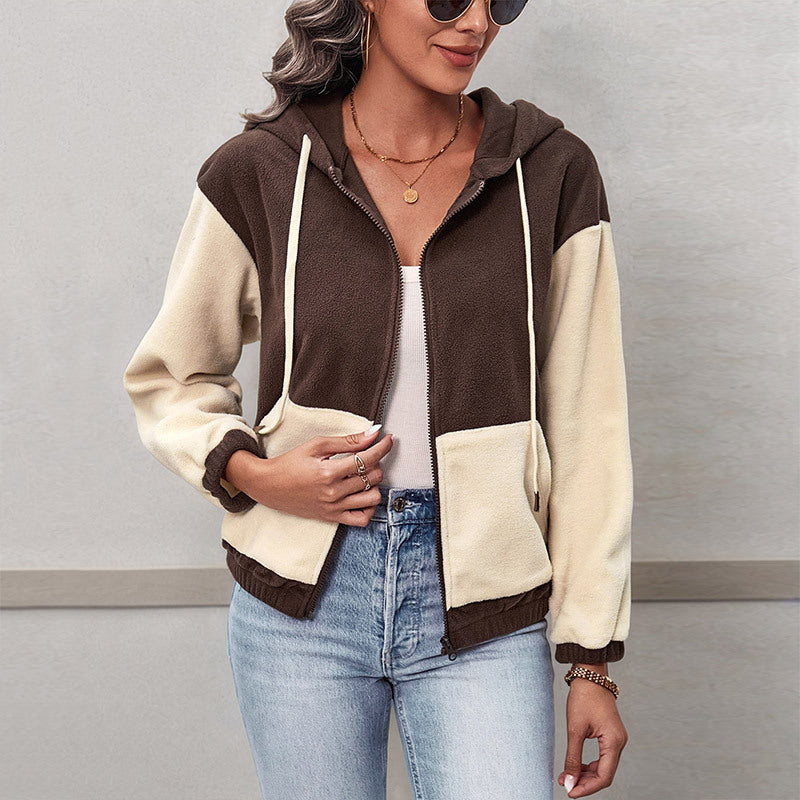 Damen Colorblock-Fleecejacke mit Kapuze, Reißverschluss und Kängurutaschen EB