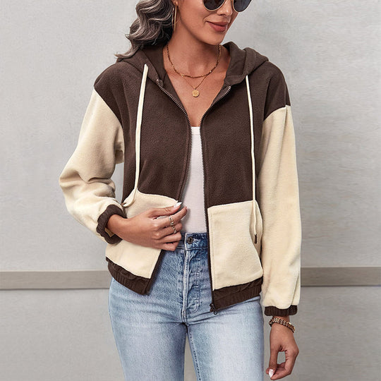 Damen Colorblock-Fleecejacke mit Kapuze, Reißverschluss und Kängurutaschen EB