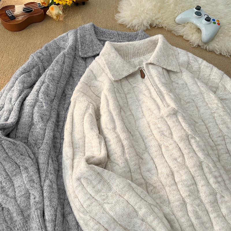 Damen Hochwertiger Strickpullover mit kurzem Reißverschluss und klassischem Kragen EB