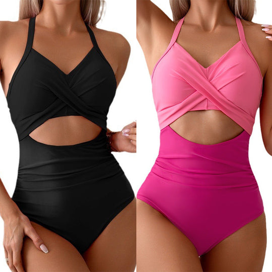 Damen Einteiler Badeanzug mit modischem Wickeldesign und tiefem V-Ausschnitt EB