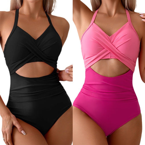 Damen Einteiler Badeanzug mit modischem Wickeldesign und tiefem V-Ausschnitt EB