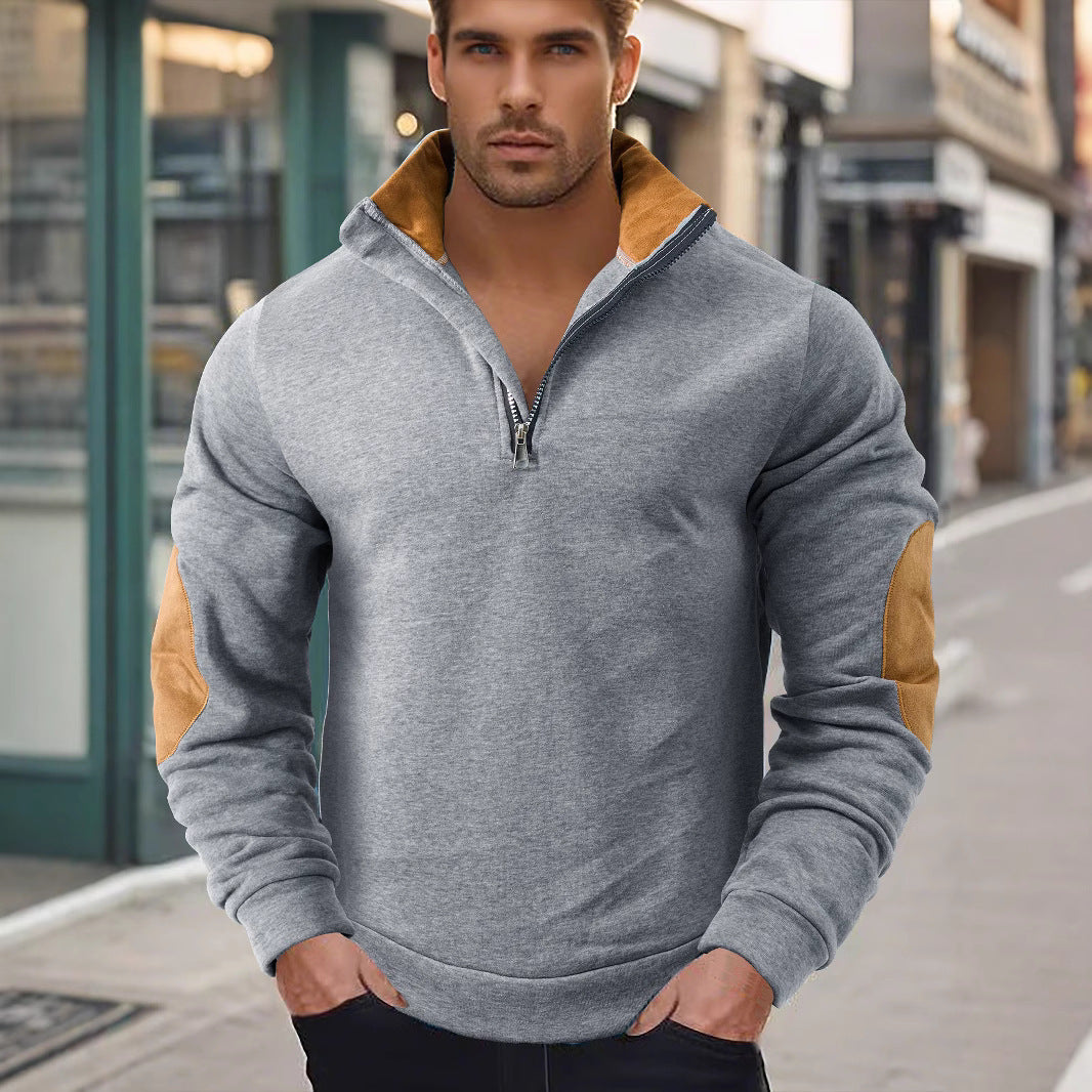 Herren nan Kurzzip-Stehkragenpullover mit Kontrastkragen und Wildleder-Ellenbogenpatches EB