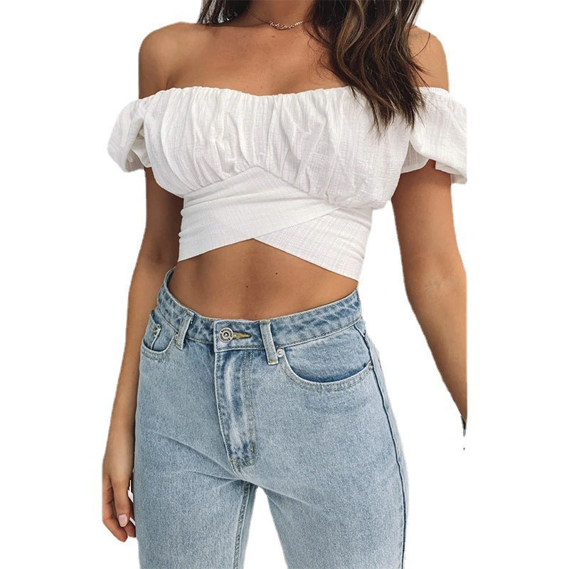 Damen Off-Shoulder Crop-Top mit Rüschendetails und elegantem Wickeldesign EB