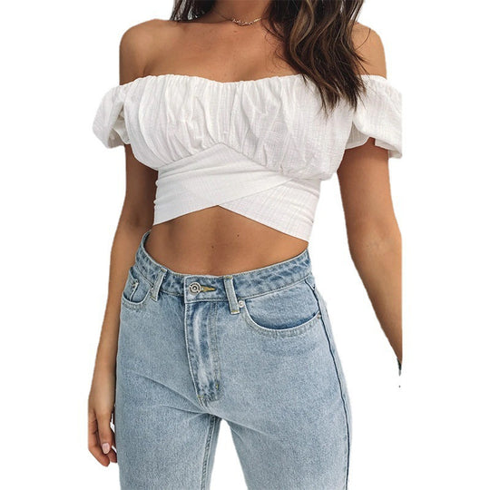 Damen Off-Shoulder Crop-Top mit Rüschendetails und elegantem Wickeldesign EB