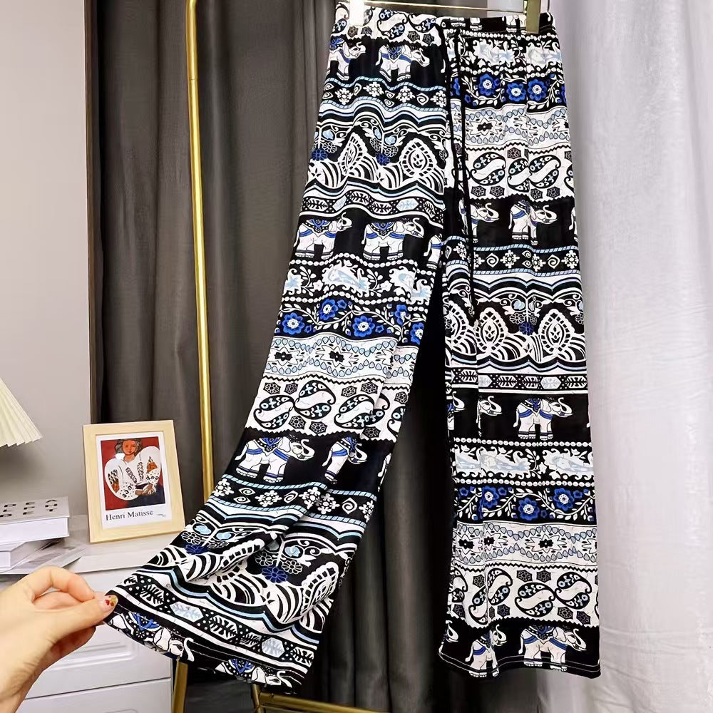 Damen Lässige Palazzo-Hose mit Elefantenmuster und elastischem Bund EB