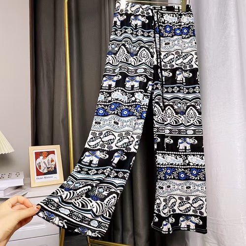 Damen Lässige Palazzo-Hose mit Elefantenmuster und elastischem Bund EB