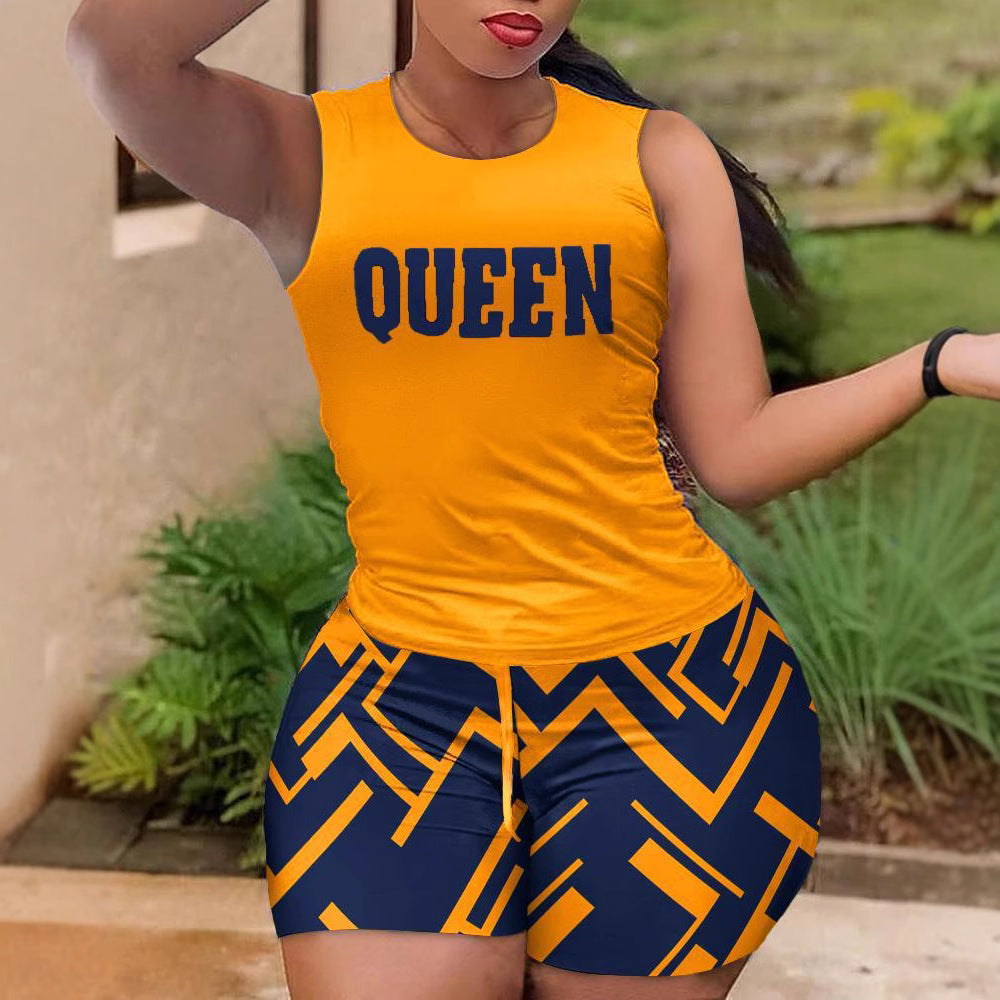 Damen Sportliches Set mit ärmellosem Oberteil und farbenfrohen Shorts EB