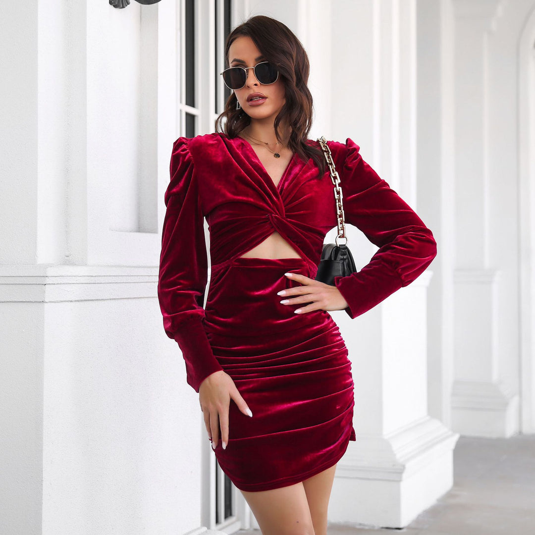 Damen figurbetontes Wickelkleid mit Puffärmeln und raffiniertem Ausschnitt EB