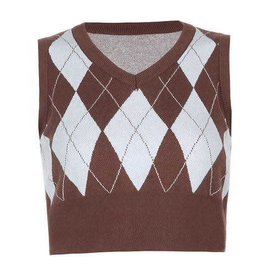 Damen cropped Stricktop mit modernem Rautenmuster EB
