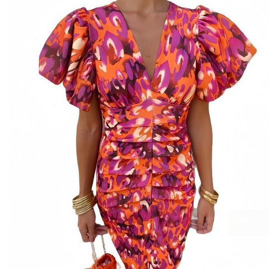 Damen Elegantes Kleid mit Puffärmeln und raffiniertem Schnitt EB