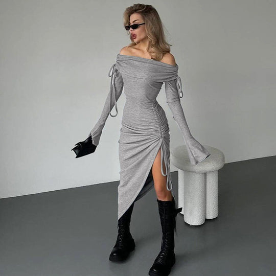 Damen Off-Shoulder Maxikleid mit Raffung und hohem Schlitz EB