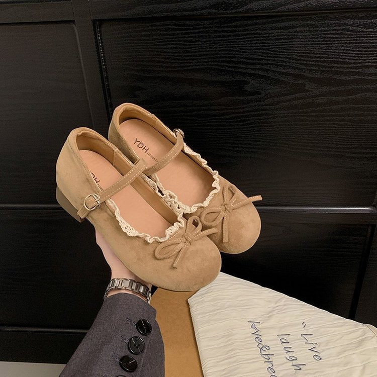 Damen elegante Mary Jane Ballerinas mit dekorativem Spitzenrand und Schleifenakzent EB
