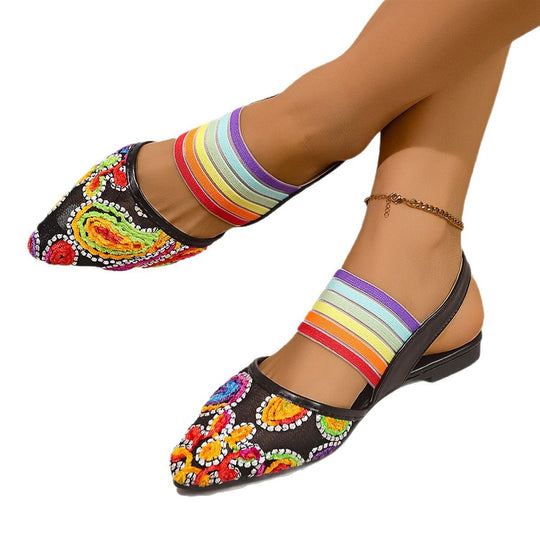 Damen Slipper mit buntem Stickmuster und elastischen Bändern EB