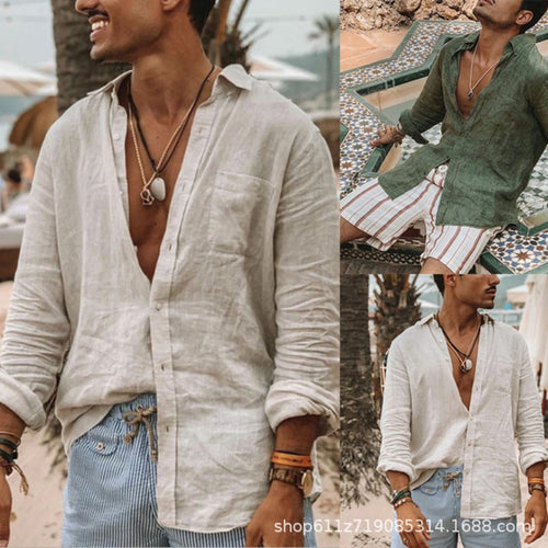Herren Leichtes Leinenhemd mit modernem Kragen und lässigem Design EB