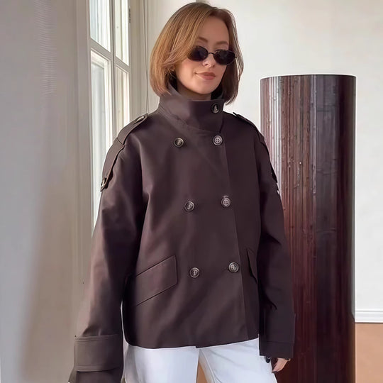 Damen modische Doppelreiher-Jacke mit hohem Kragen und strukturiertem Design EB