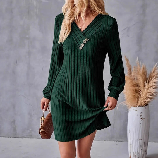 Damen Röhrenkleid mit elegantem V-Ausschnitt und dekorativen Knöpfen EB