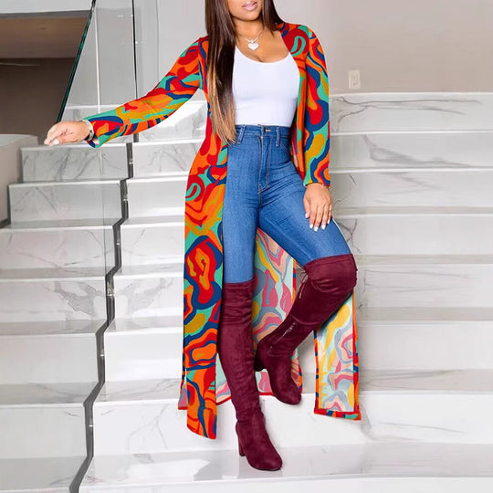 Damen Lange Strickjacke mit modernem grafischem Muster EB