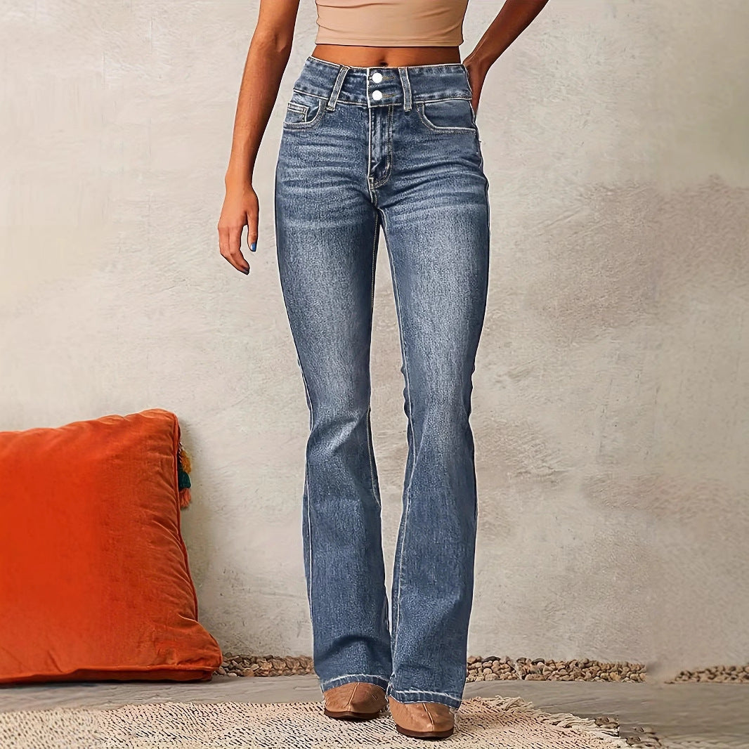 Damen Hohe Taille Flared Jeans mit dekorativen Knopfdetails und figurschmeichelndem Schnitt EB