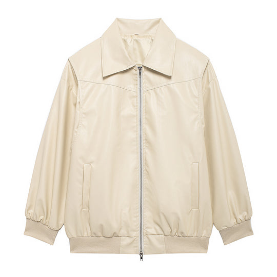 Damen Elegante Kunstlederjacke mit hochstehendem Kragen und elastischen Bündchen EB
