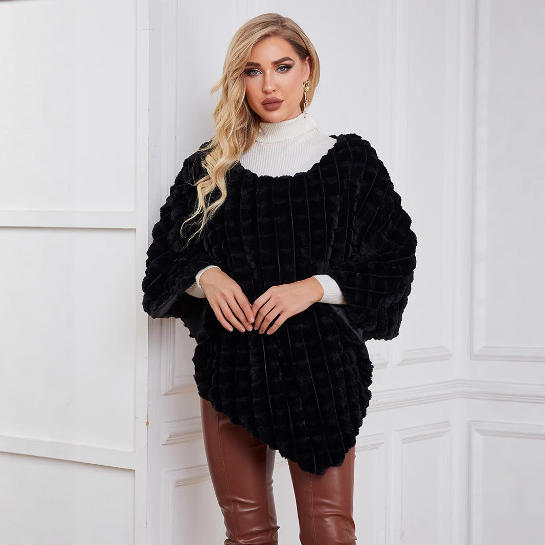 Damen Flauschiger Kunstpelzponcho mit strukturiertem Design und weichem Innenfutter EB