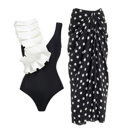 Damen Badeanzug Set mit modischem Wickelrock und eleganter Rüschen-Top EB