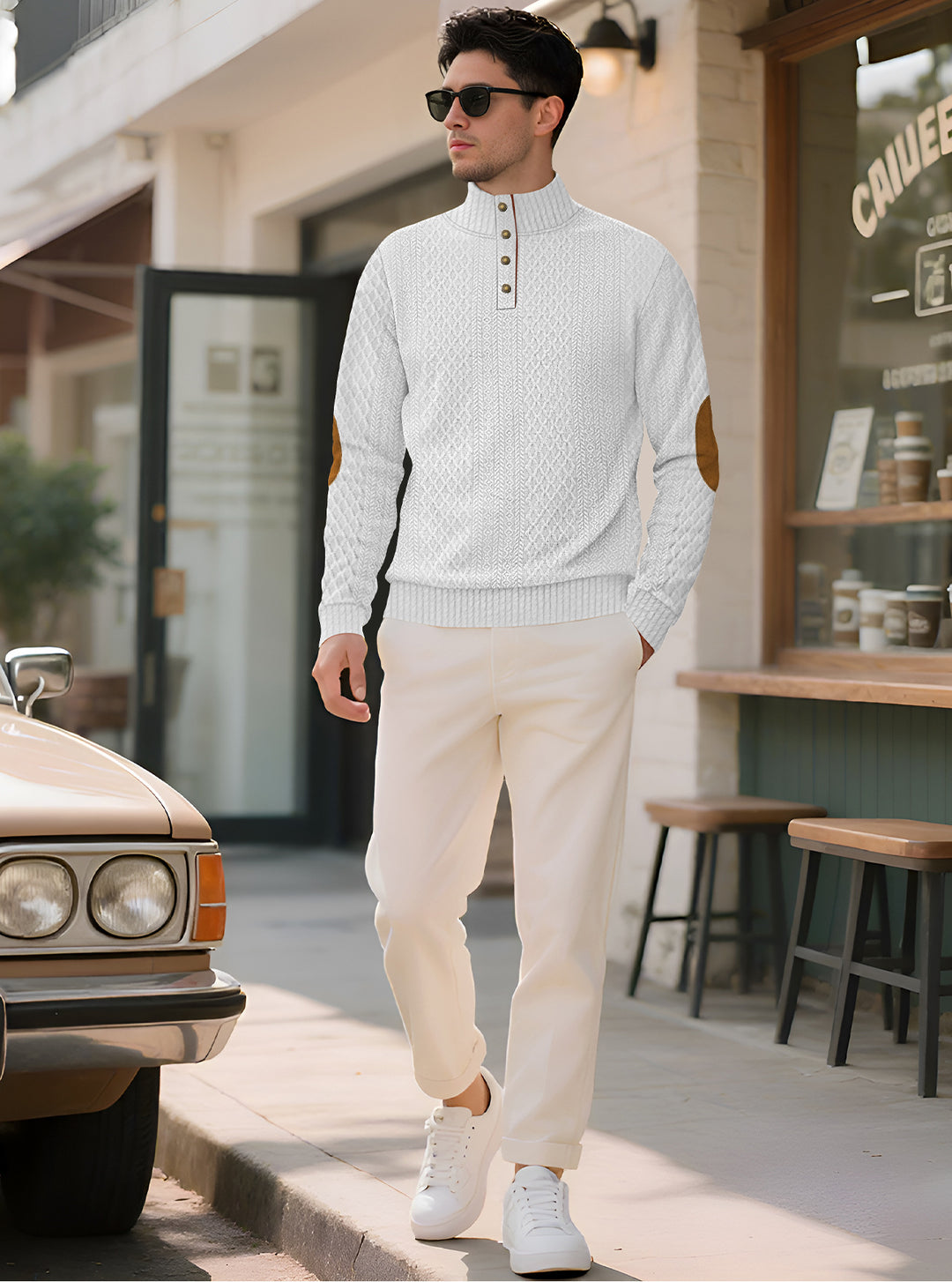 Herren nan edler Knopfsweater im Zopfmuster mit hohem Stehkragen und Wildleder-Ellenbogenpatches EB