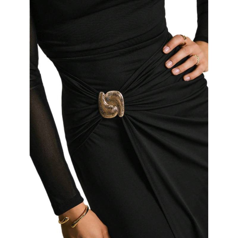Damen Elegantes Wickelkleid mit transparenten Ärmeln und hohem Schlitz EB