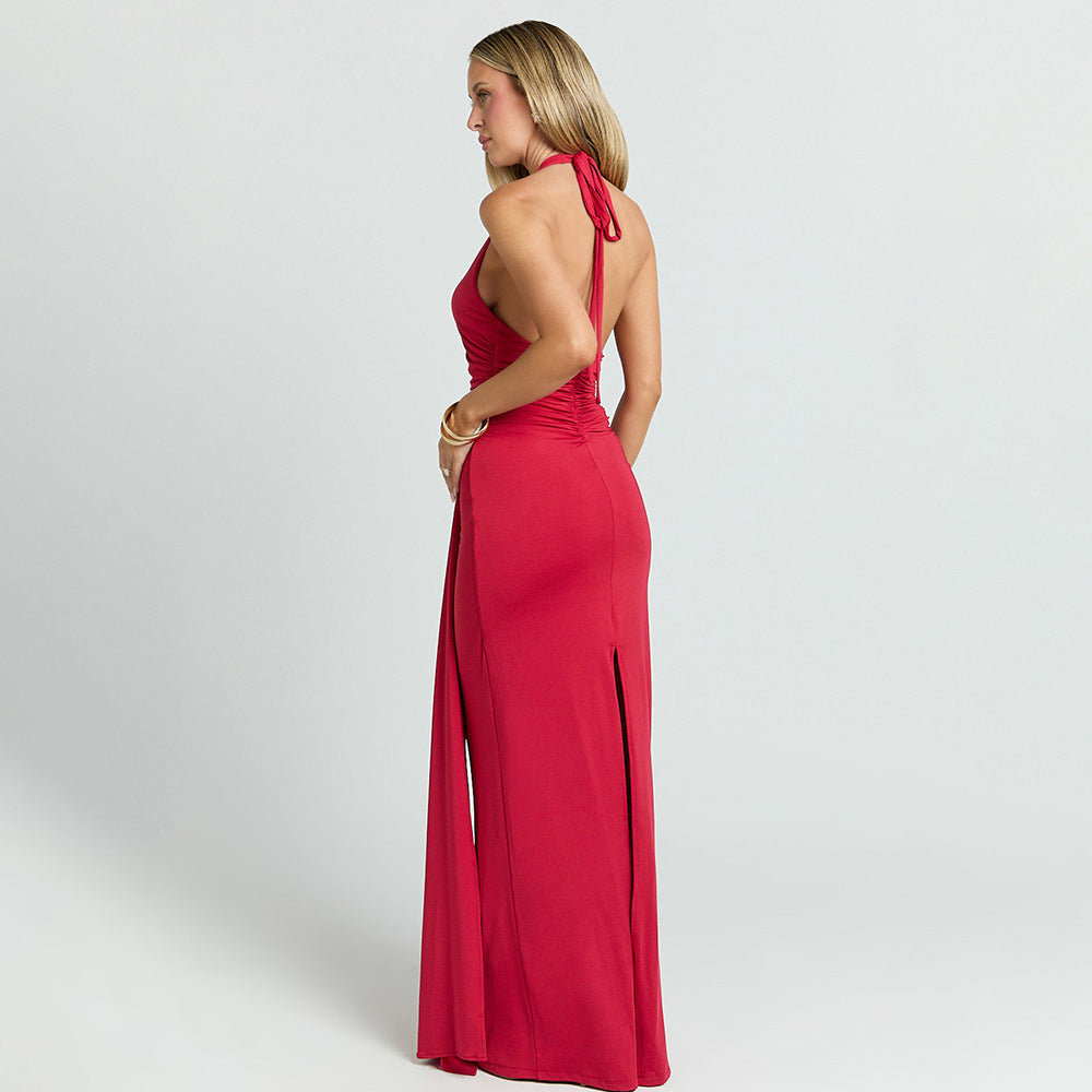 Damen Maxikleid mit tiefem Ausschnitt und Raffungen EB