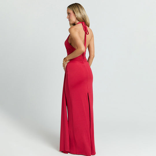 Damen Maxikleid mit tiefem Ausschnitt und Raffungen EB