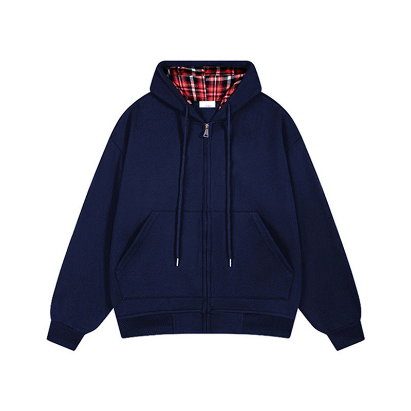 Damen lässige Kapuzenjacke mit Karo-Innenfutter und durchgehendem Reißverschluss EB